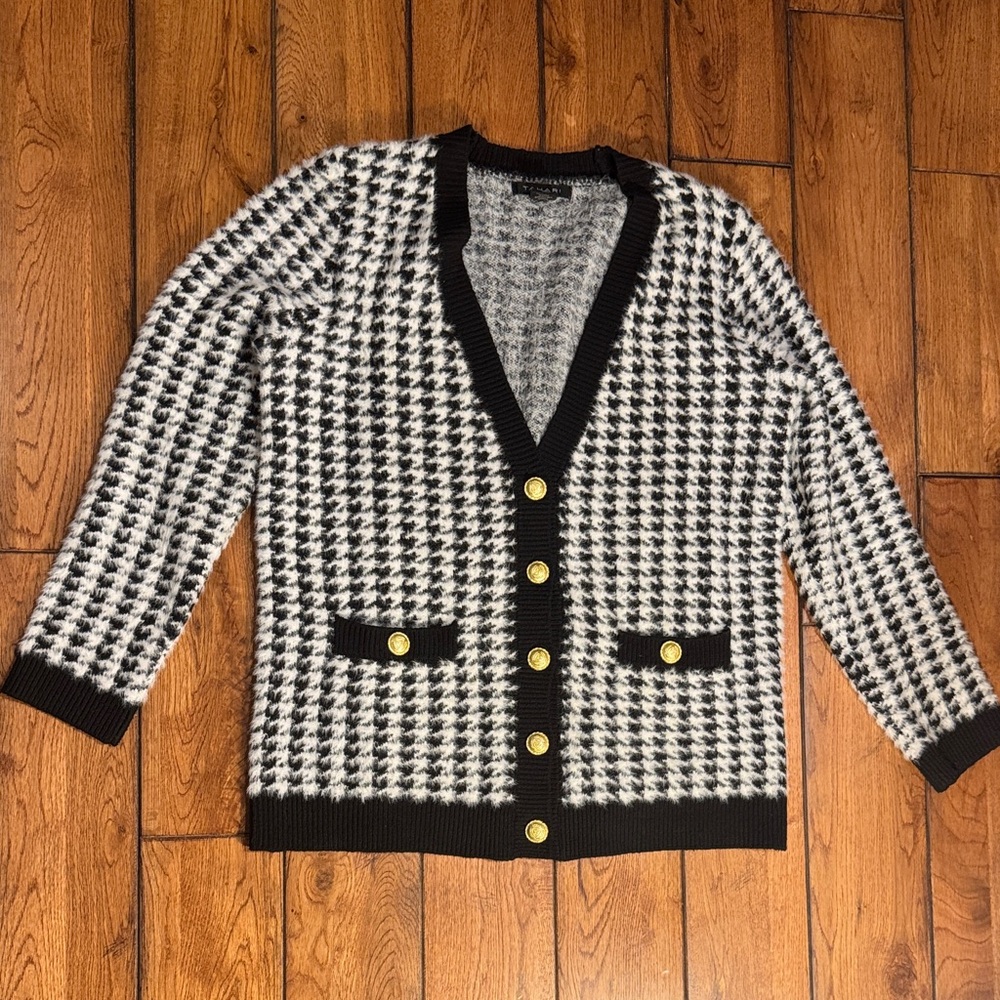 Tahari Black & White Houndstooth Cardigan with Gold Buttons